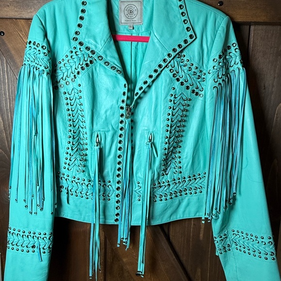 Double D Ranch Jackets & Blazers - Double D Ranch Turquoise Studded Fringe Leather Jacket